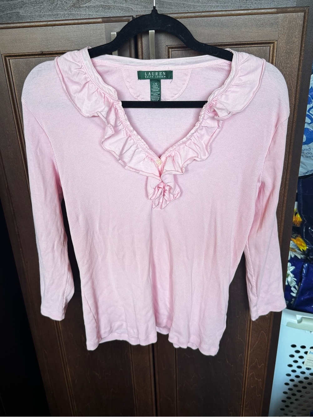 Lauren Ralph Lauren Pink Ribbed Long Sleeve Top with Ruffle Collar Size L